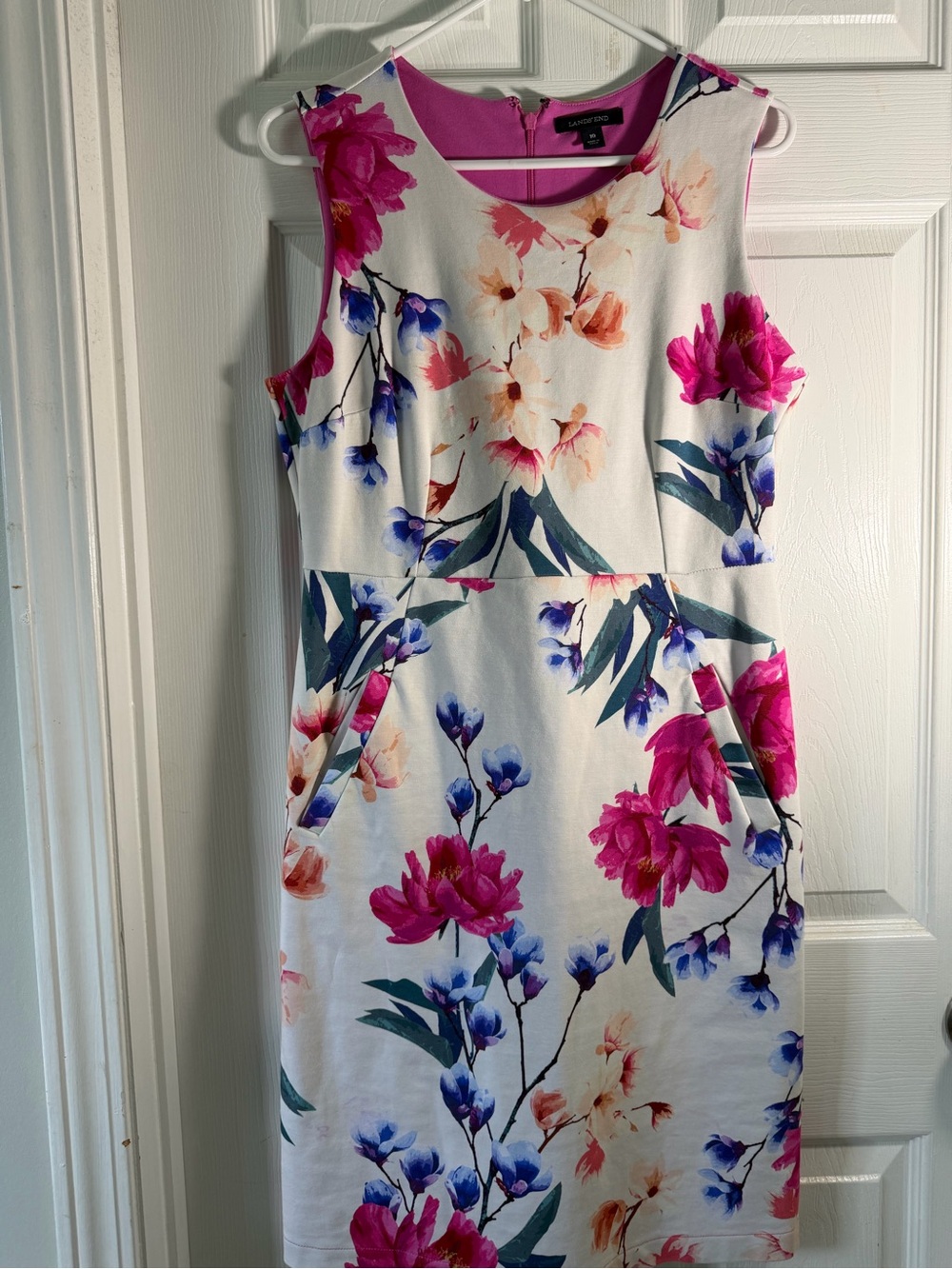 Lands' End White Floral Sheath Dress with Pink, Blue & Peach Blooms